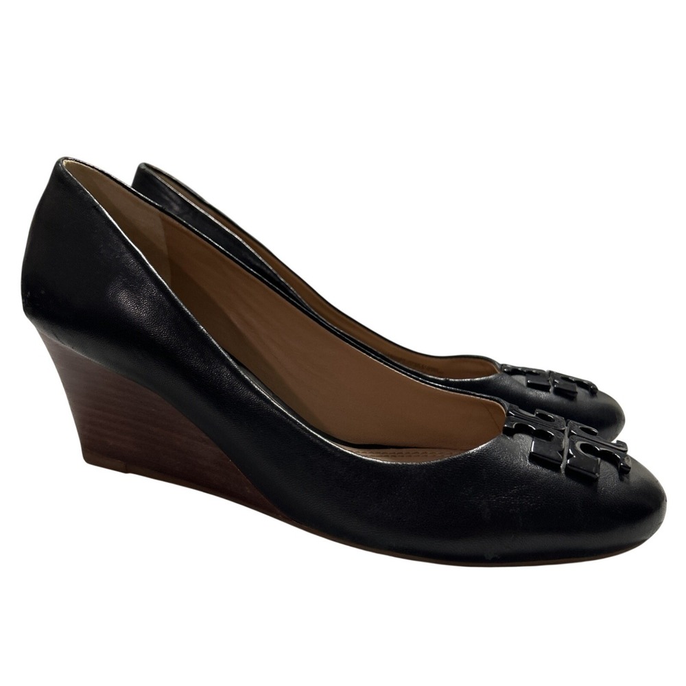 Tory Burch Women's Heels 9.5M "Lowell" Wedge Pumps Black Leather Preppy Classic